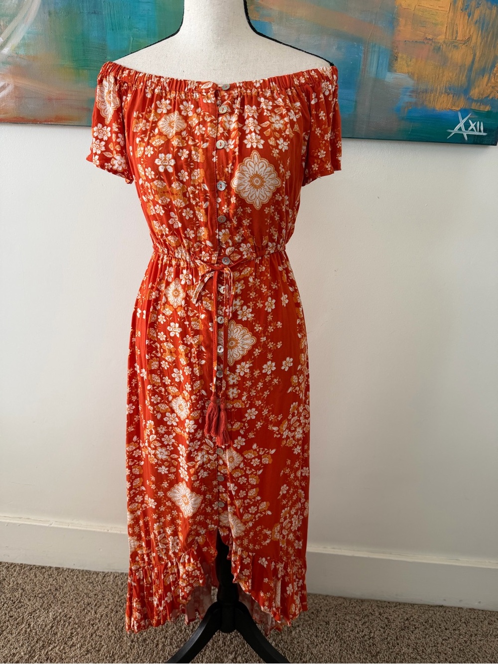 Abel The Label Anthropologie NWT Off Shoulder Orange Floral Hi Low Sundress XS
